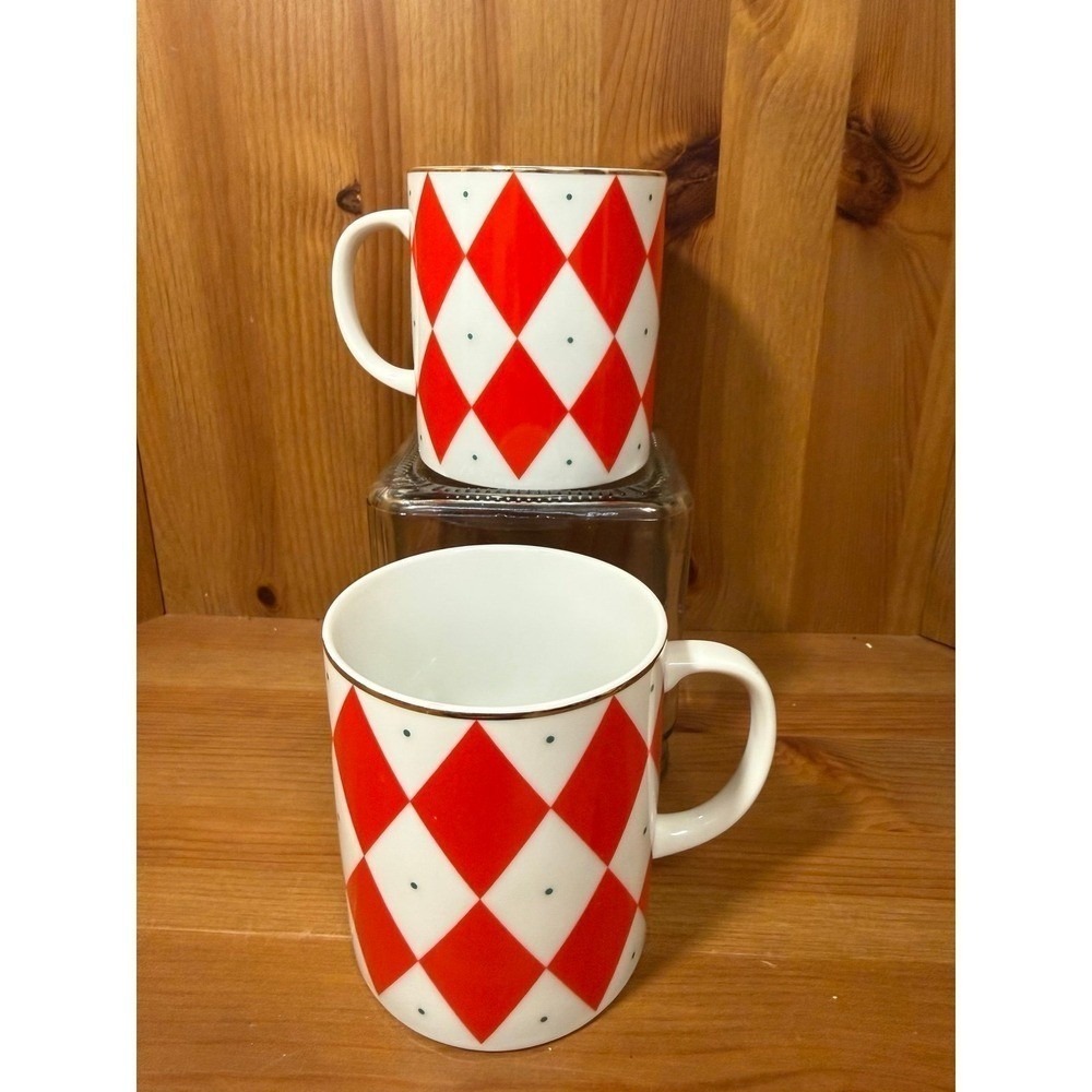 Williams Sonoma Harlequin Diamond Mugs Set of 2 Red White Gold Trim